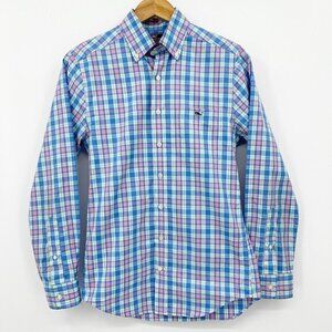 Vineyard Vines Slim Fit Tucker Shirt Blue Pink Plaid Cotton Poplin